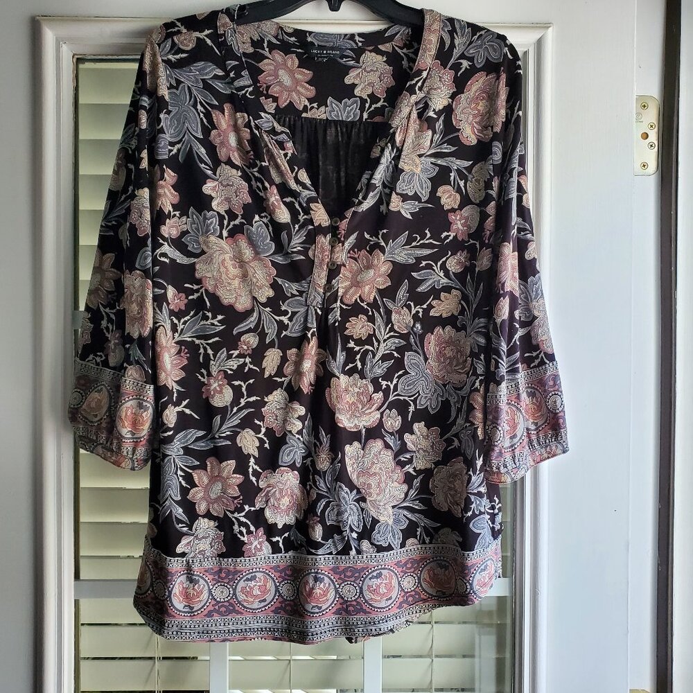 Lucky Brand V-Neck Black Floral Boho Tunic | Size 1X